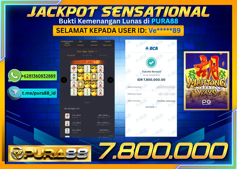 PURA88 JACKPOT SENSATIONAL MAHJONG WAYS 1 Rp 7.800.000,- LUNAS
