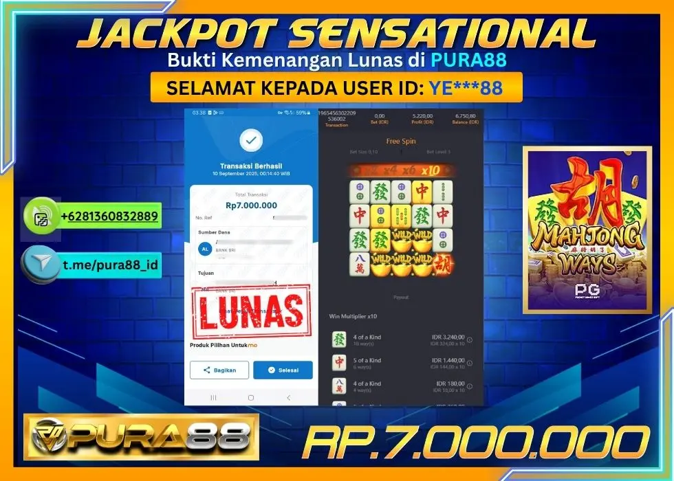 PURA88 JACKPOT SENSATIONAL MAHJONG WAYS Rp7.000.000,- LUNAS